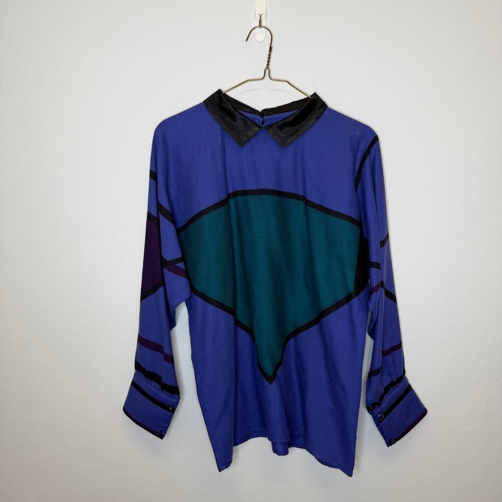 Vintage 80s Gianni Versace Blouse Colorblock Geometric Silk Wool Blouse